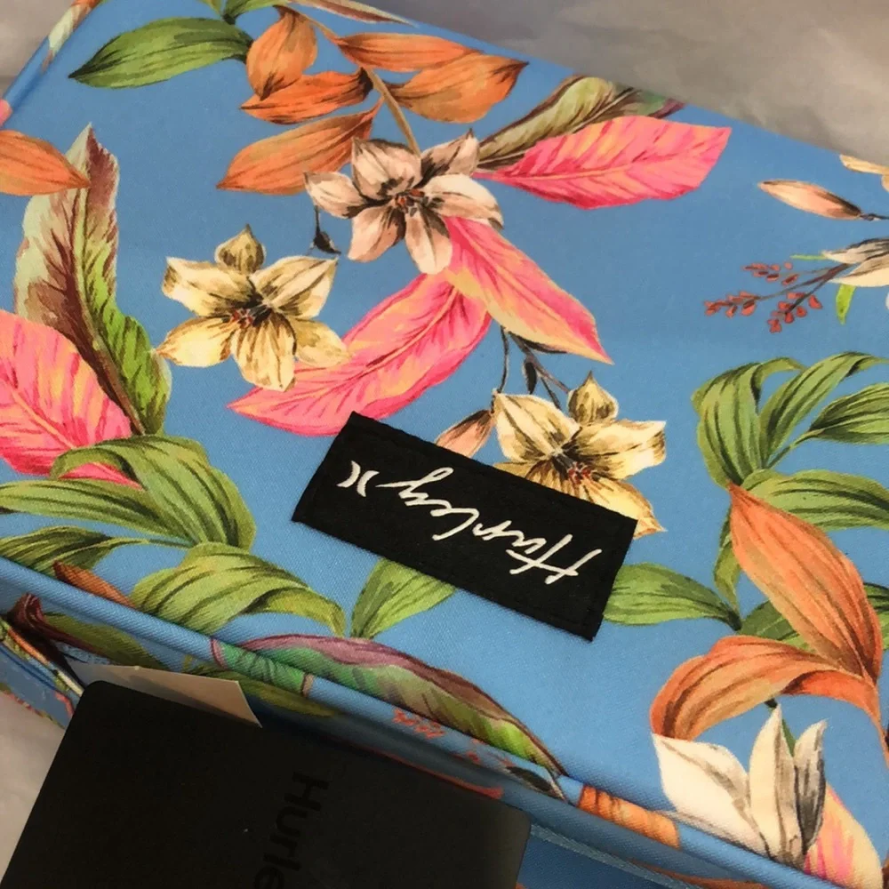 Hurley blue tropical floral print vinyl zip around makeup cosmetics‎ beauty case